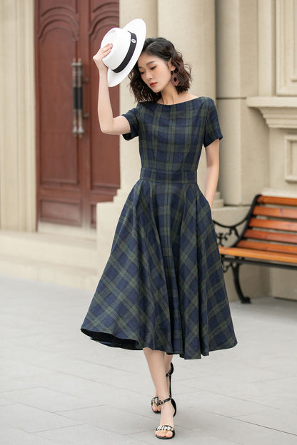 Tartan Linen Midi Dress – Vintage Fit and Flare Dress with Pockets 4950