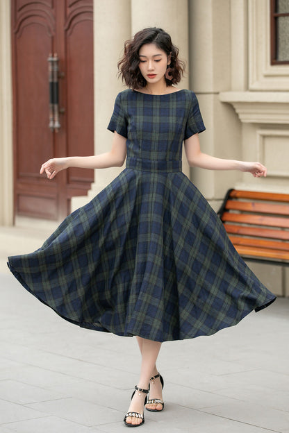 Tartan Linen Midi Dress – Vintage Fit and Flare Dress with Pockets 4950