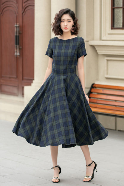Tartan Linen Midi Dress – Vintage Fit and Flare Dress with Pockets 4950