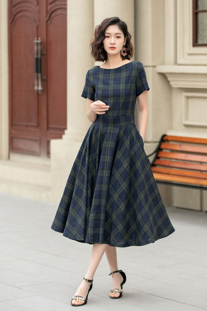 Tartan Linen Midi Dress – Vintage Fit and Flare Dress with Pockets 4950