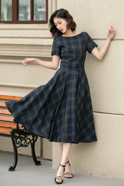 Tartan Linen Midi Dress – Vintage Fit and Flare Dress with Pockets 4950