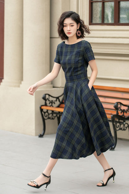 Tartan Linen Midi Dress – Vintage Fit and Flare Dress with Pockets 4950