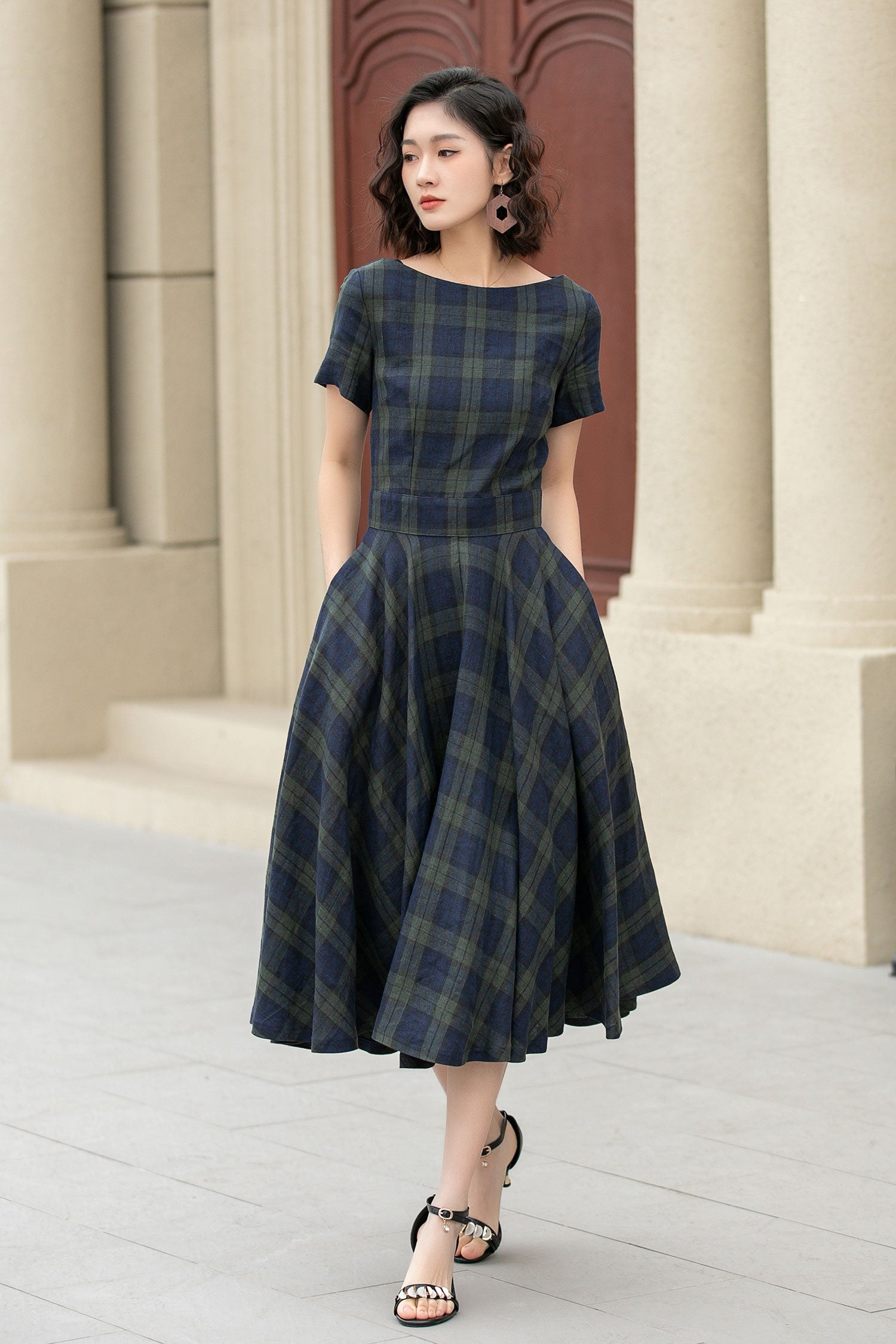 Tartan Linen Midi Dress Vintage Fit and Flare Dress with Pockets 4950 - Plaid / XS Tartan Linen Midi Dress Vintage Fit and Flare Dress with Pockets 4950 - Plaid / XS