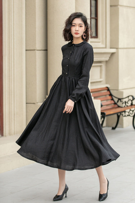 Black pleated spring linen dresses women 4951