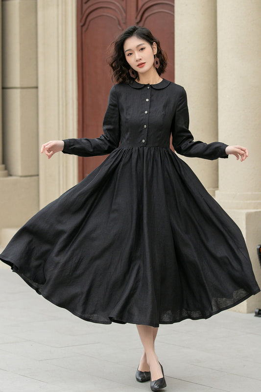 Black pleated spring linen dresses women 4951