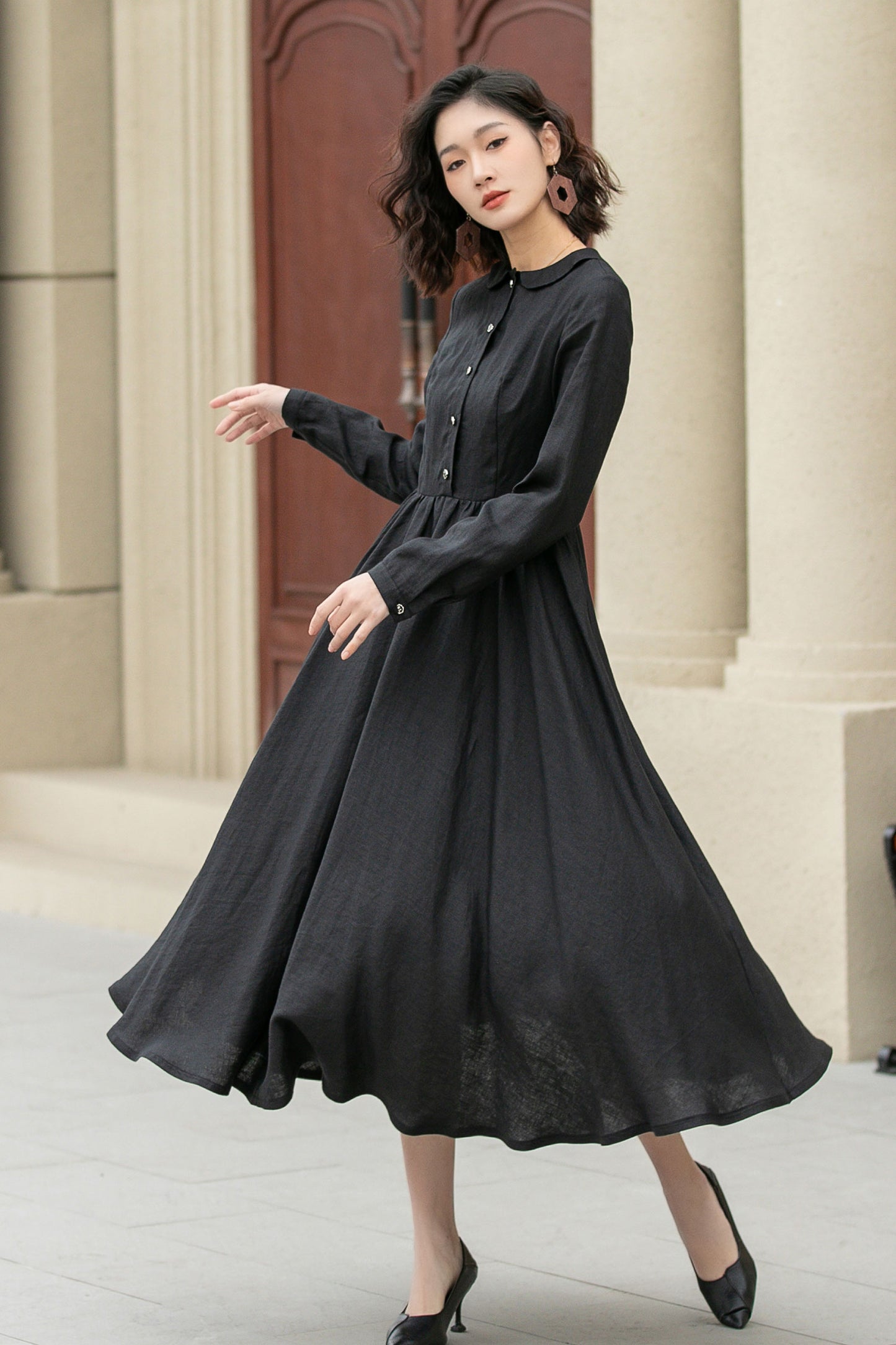 Black pleated spring linen dresses women 4951