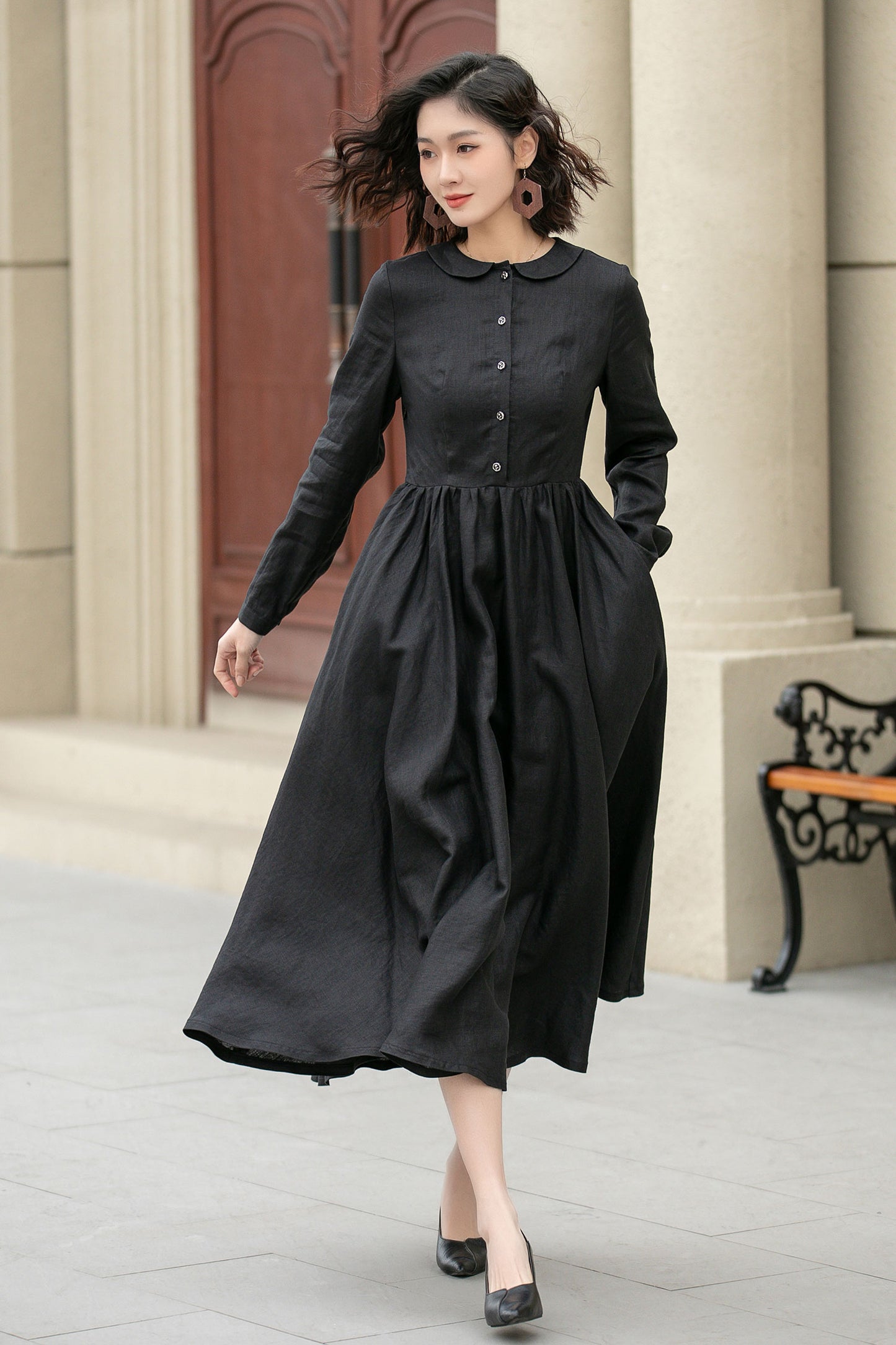 Black pleated spring linen dresses women 4951