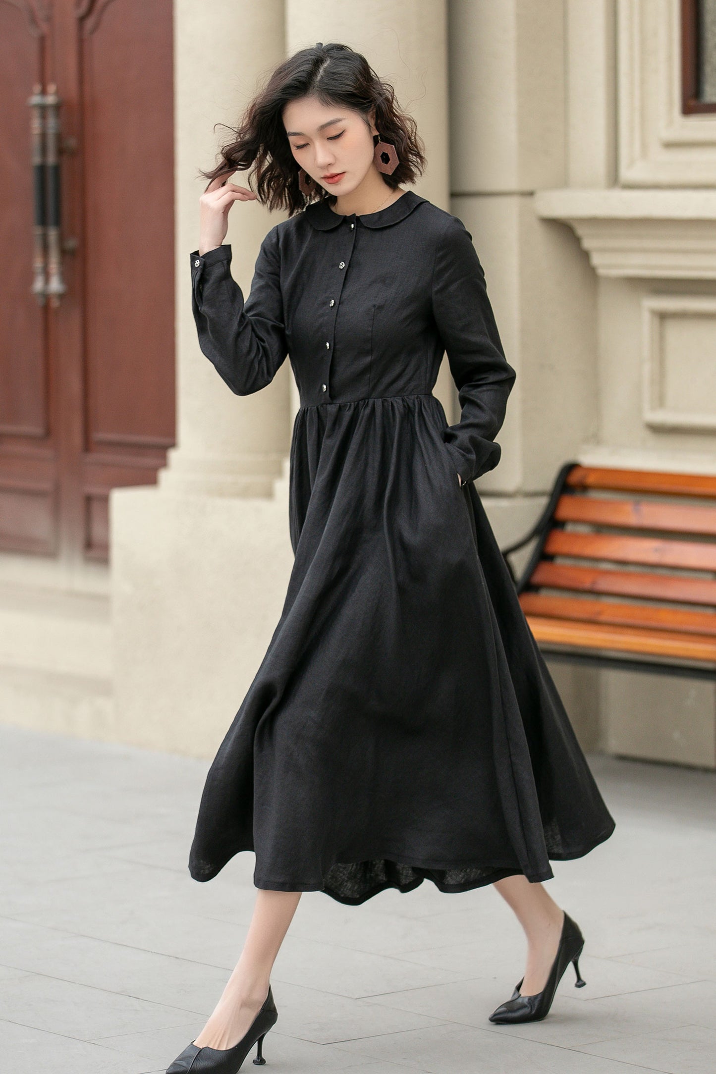 Black pleated spring linen dresses women 4951