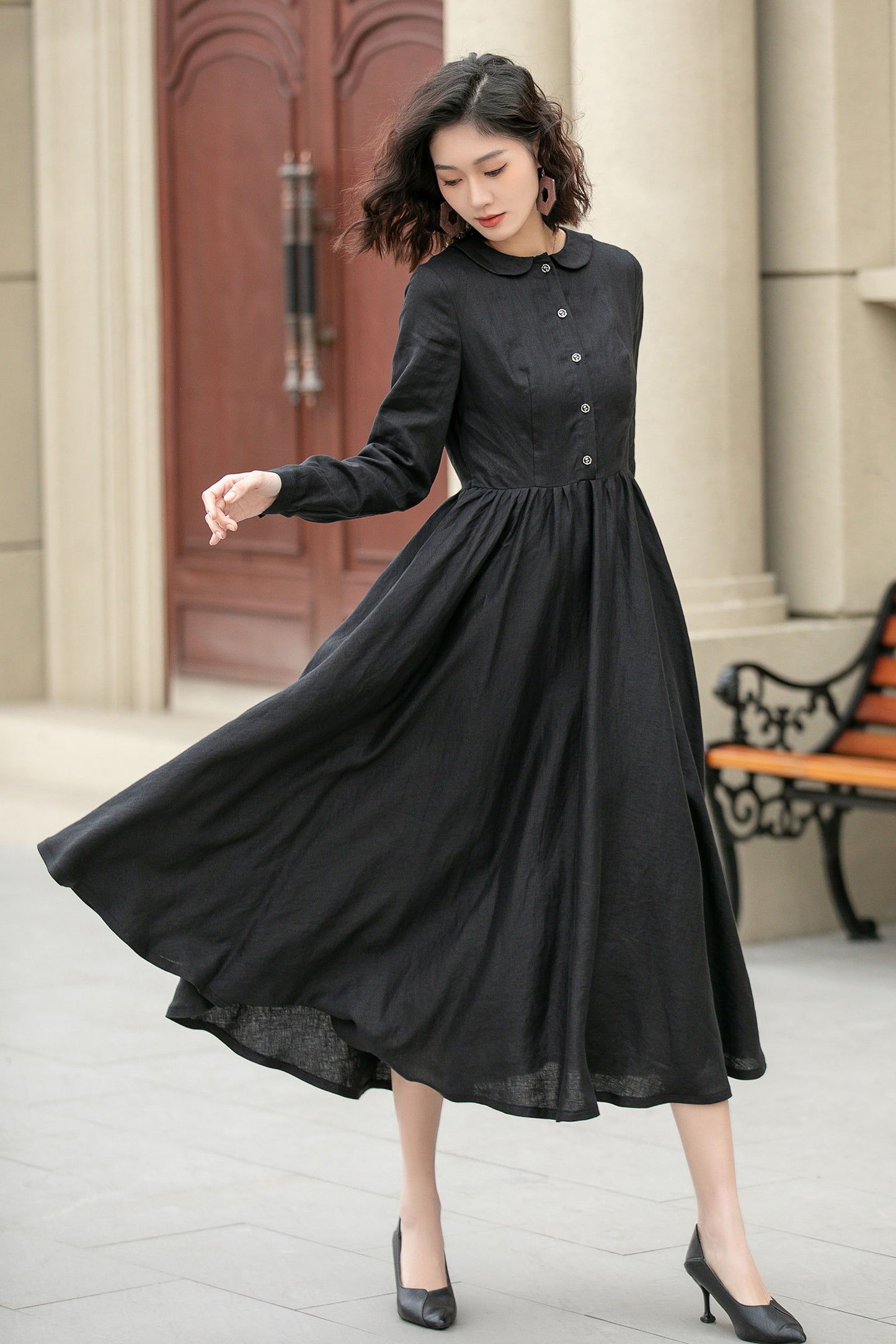 Black pleated spring linen dresses women 4951