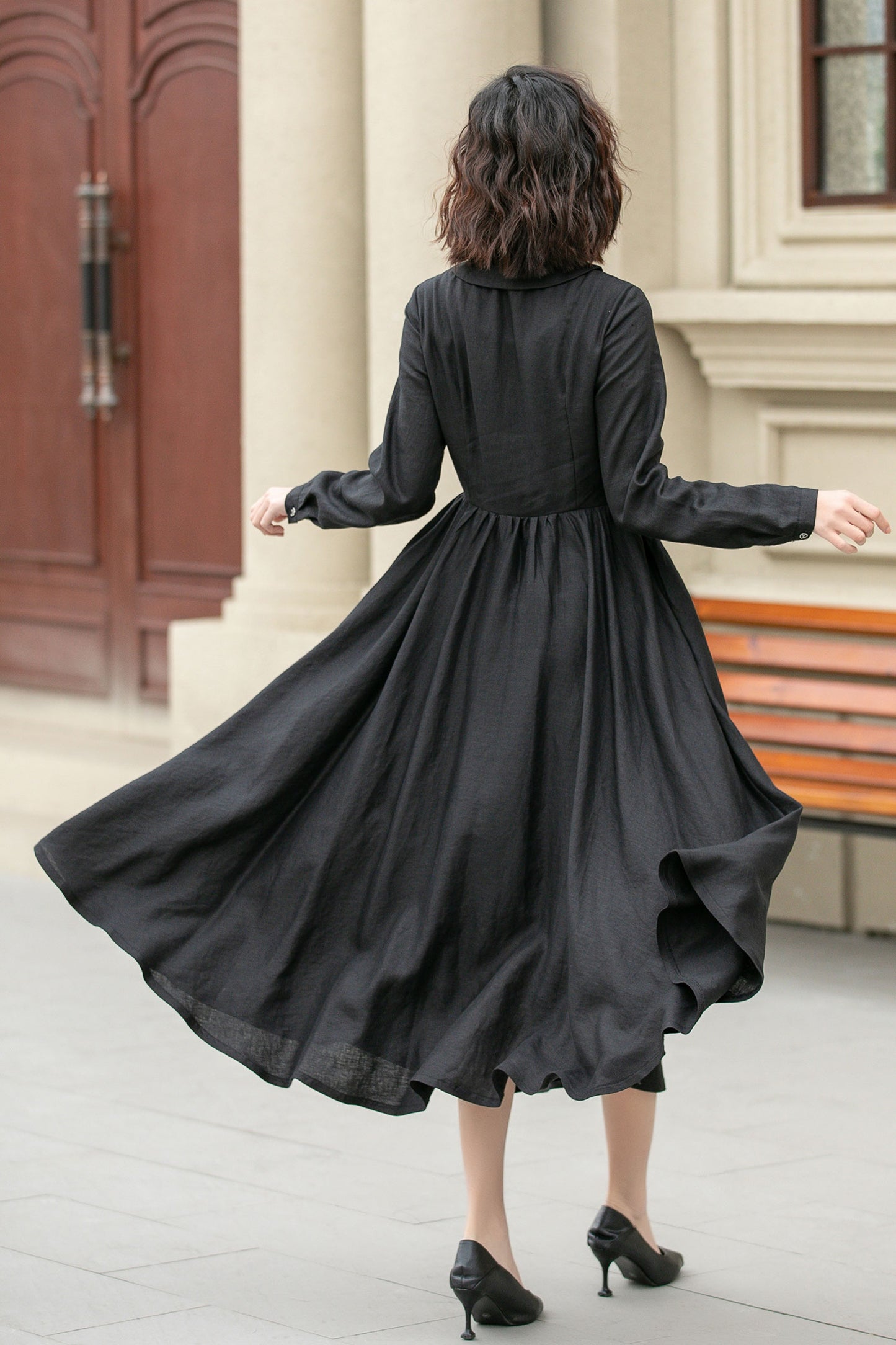 Black pleated spring linen dresses women 4951