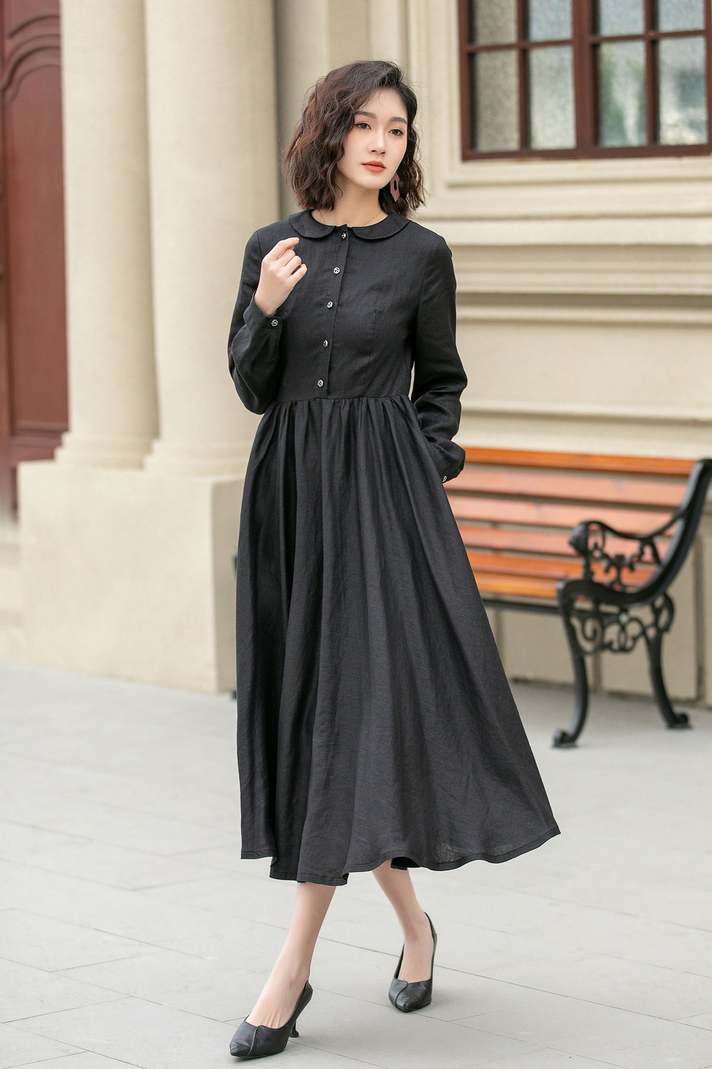 Black pleated spring linen dresses women 4951