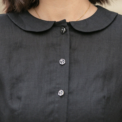 Black pleated spring linen dresses women 4951