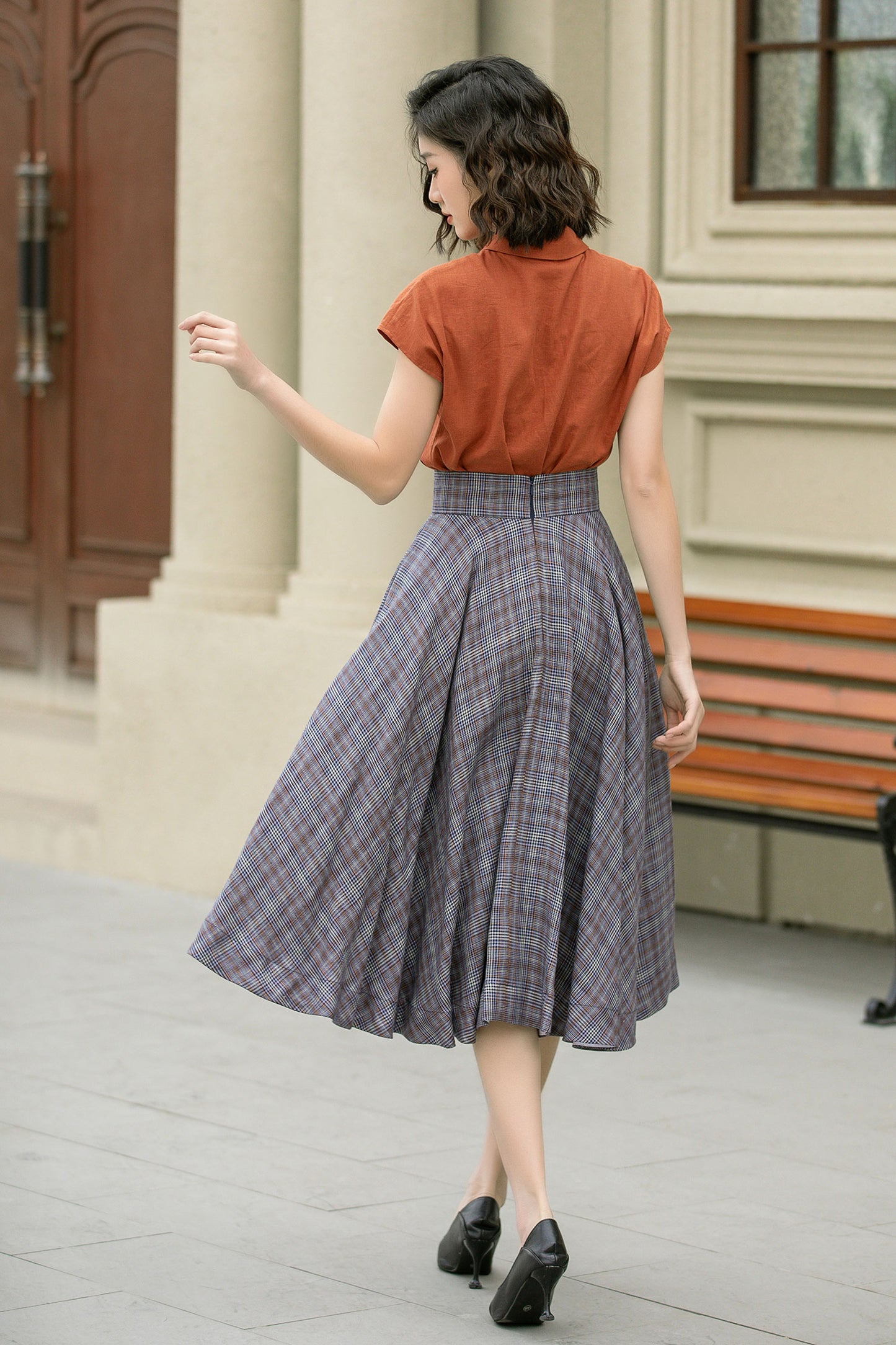 High waisted plaid summer linen skirt 4952