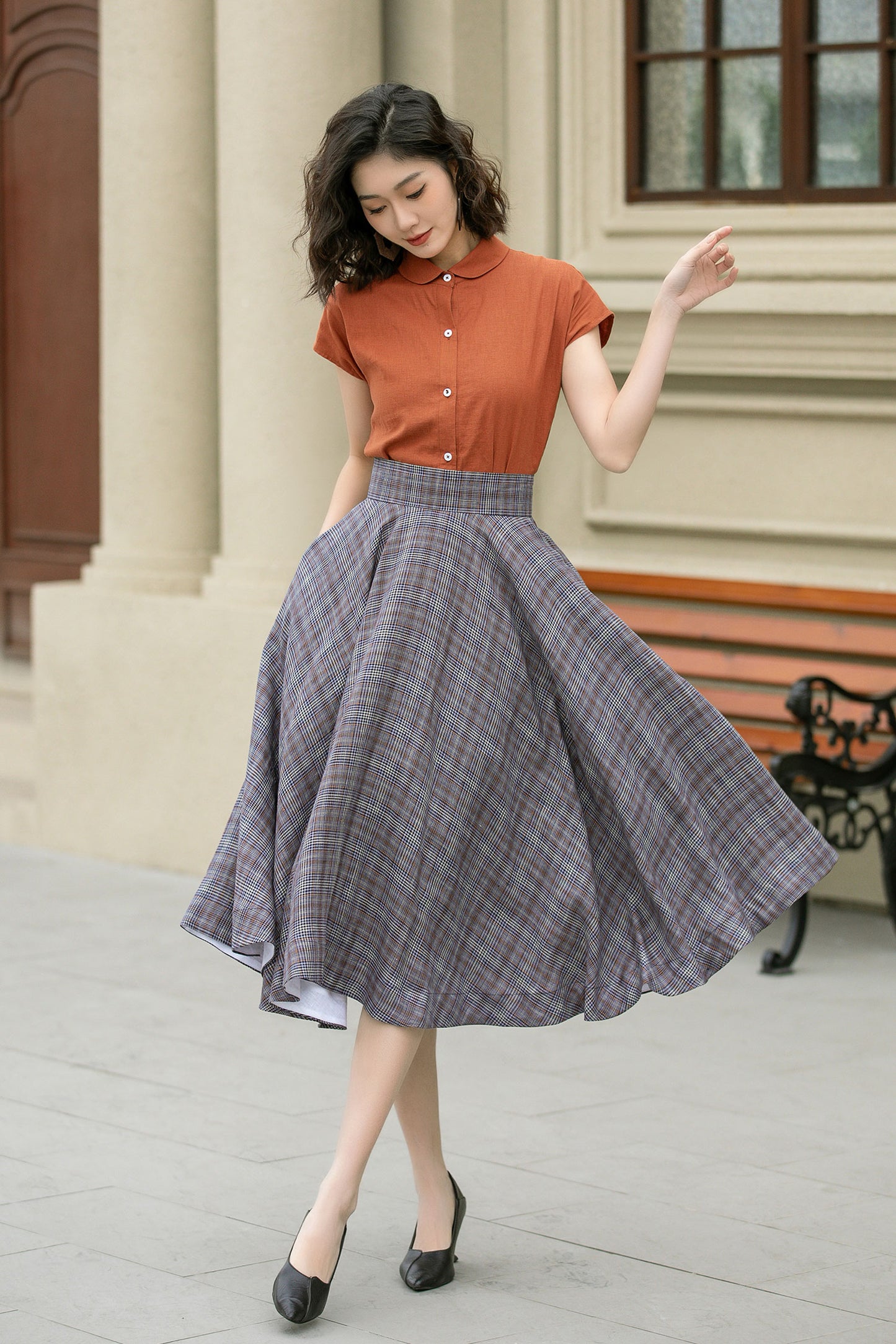 High waisted plaid summer linen skirt 4952