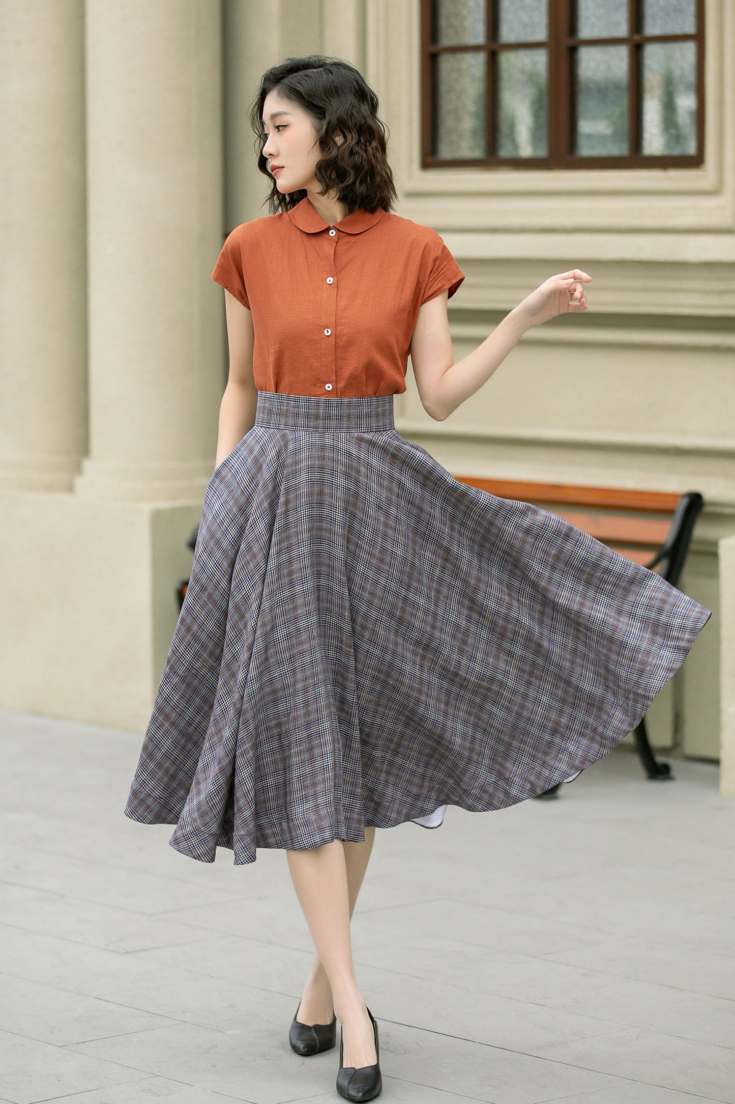 High waisted plaid summer linen skirt 4952