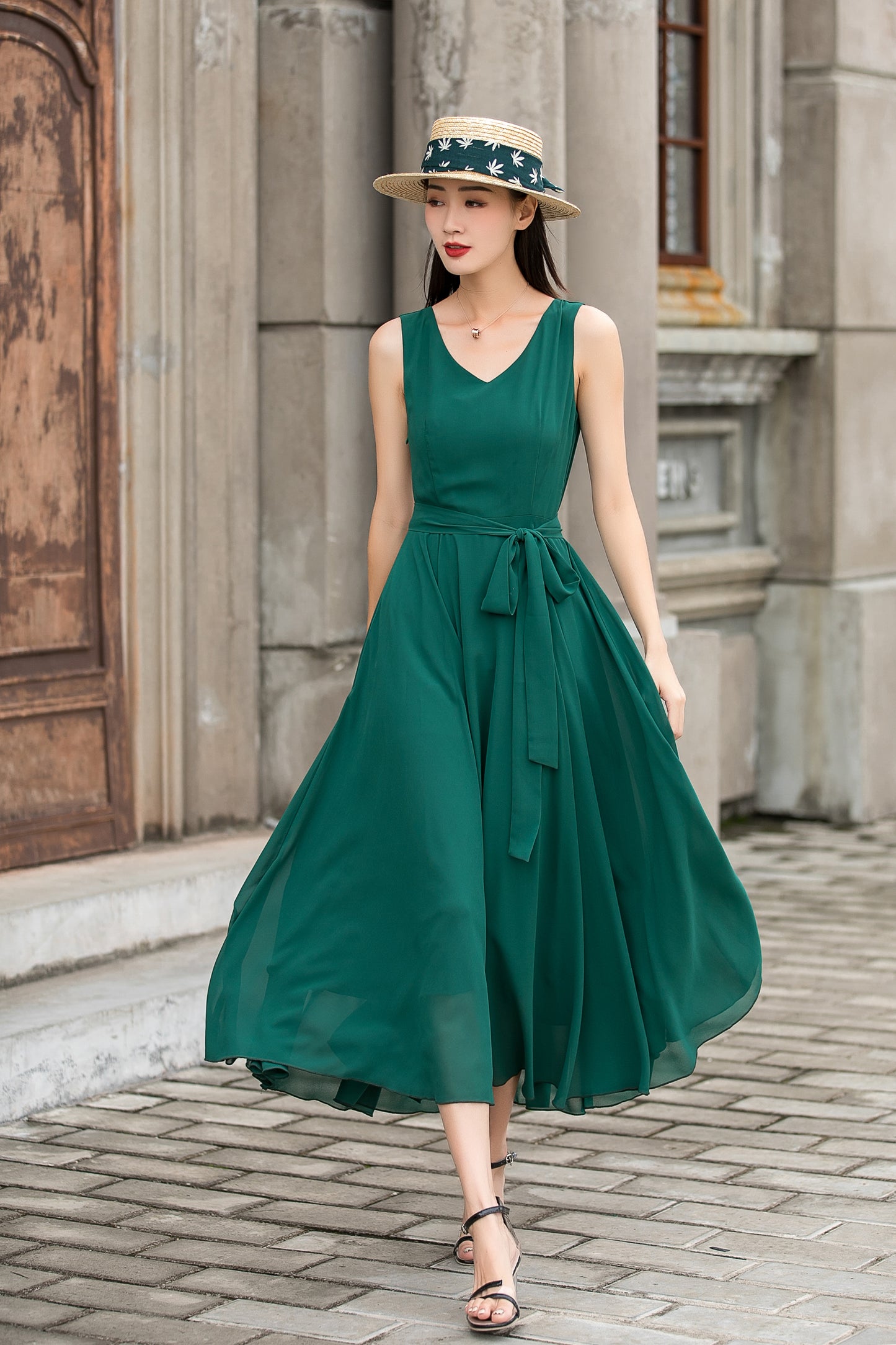emerald green chiffon dress Ruffle Shoulder V-Neck Gown Birdy Grey designs statement Tropical Slit Hem Midi Dress-Emerald