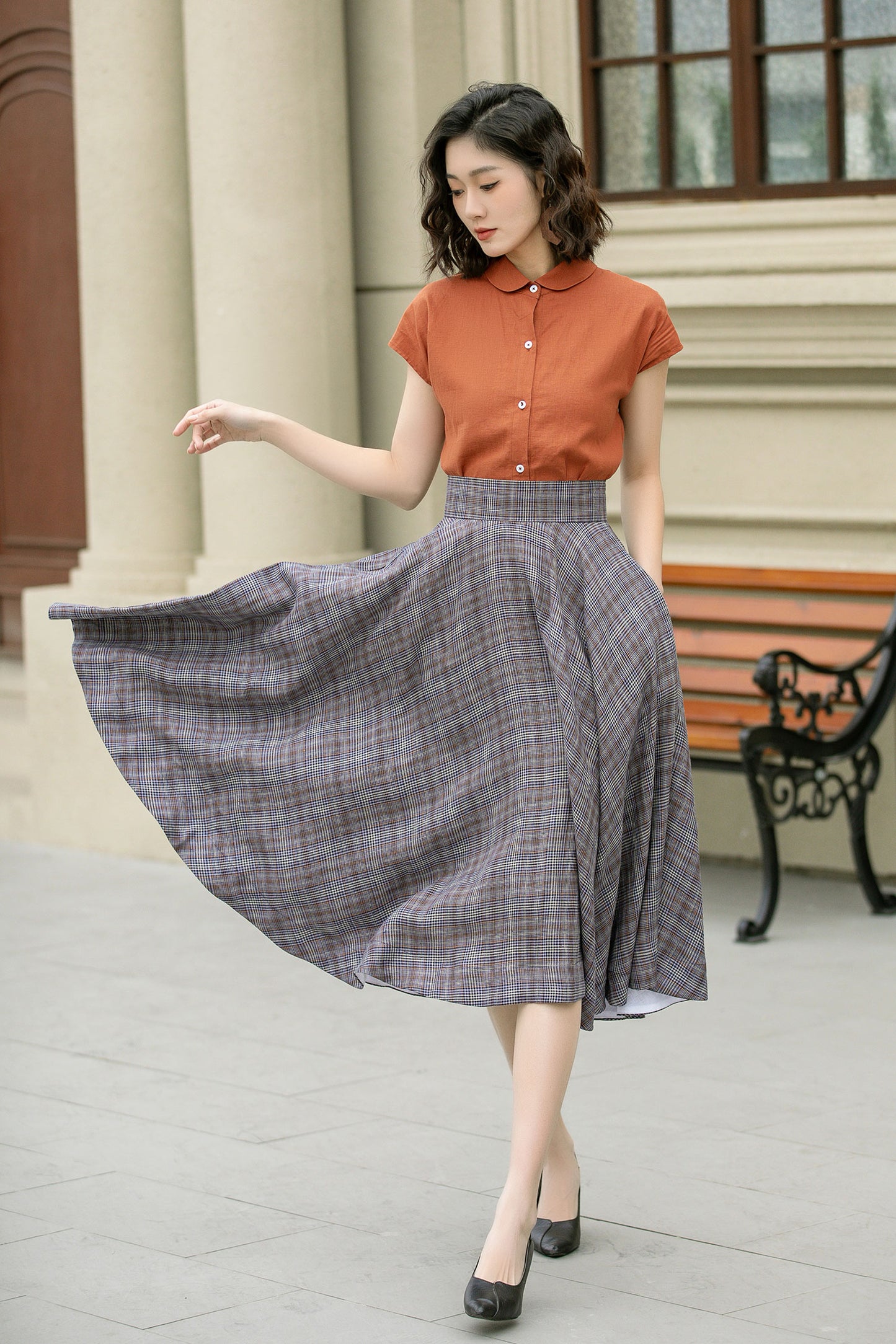 High waisted plaid summer linen skirt 4952