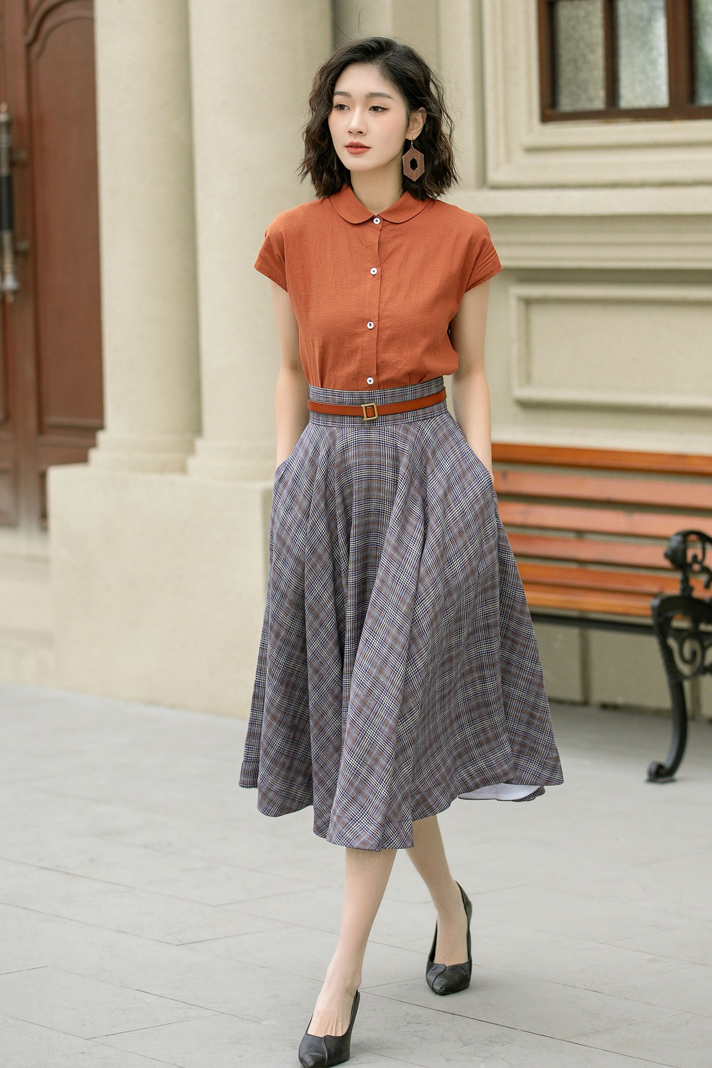 High waisted plaid summer linen skirt 4952