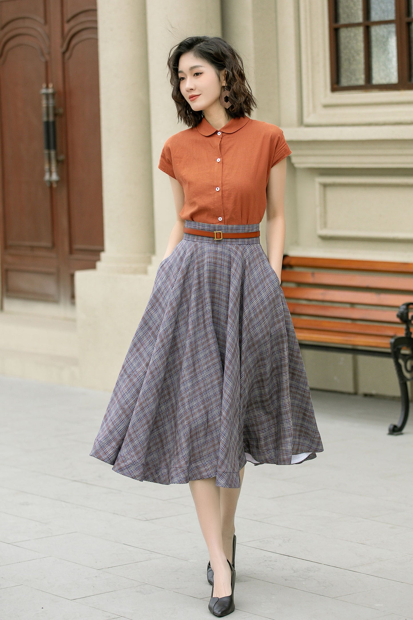 High waisted plaid summer linen skirt 4952