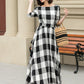 Half sleeves plaid spring summer linen dress 4953