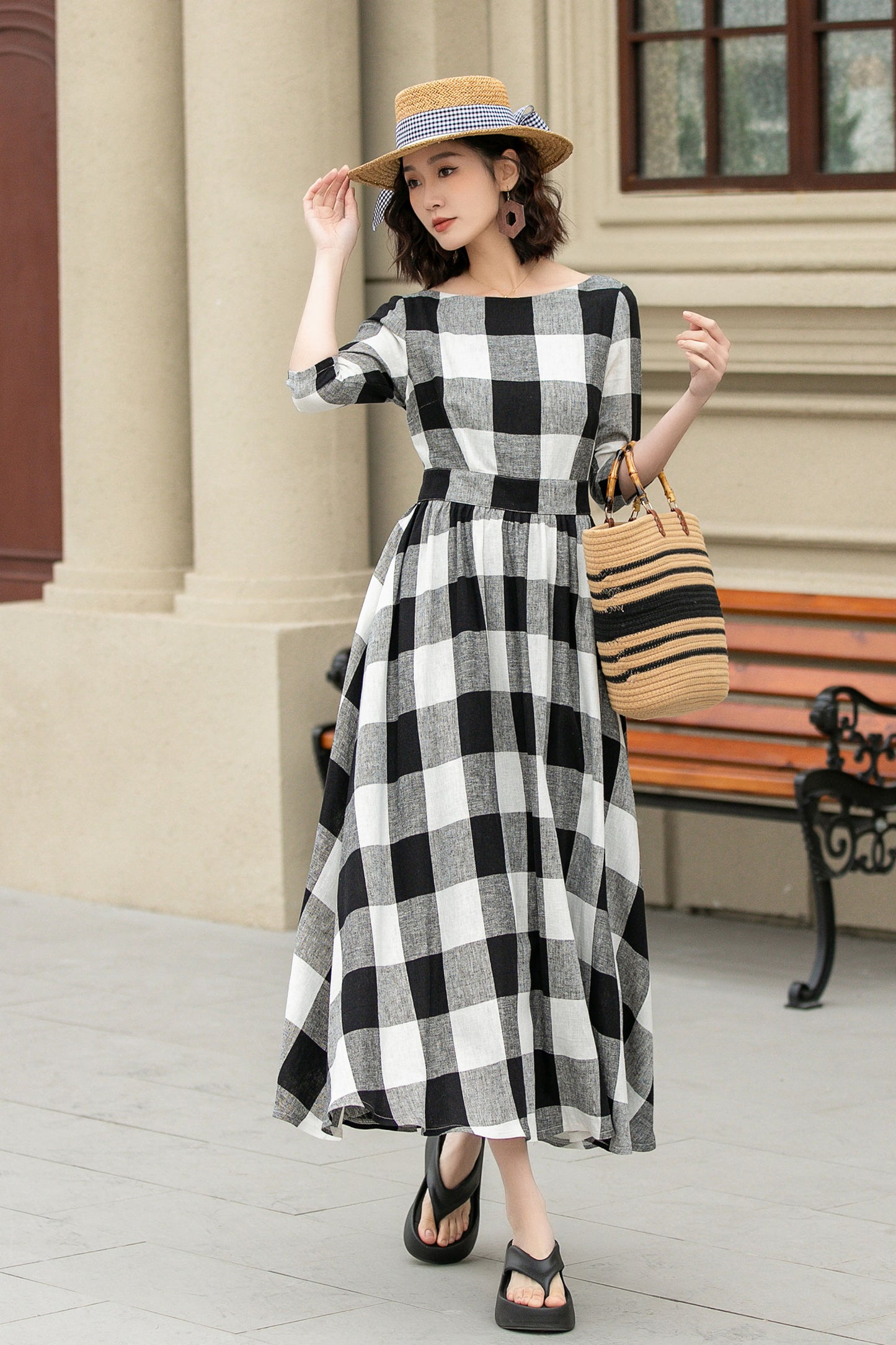 Half sleeves plaid spring summer linen dress 4953