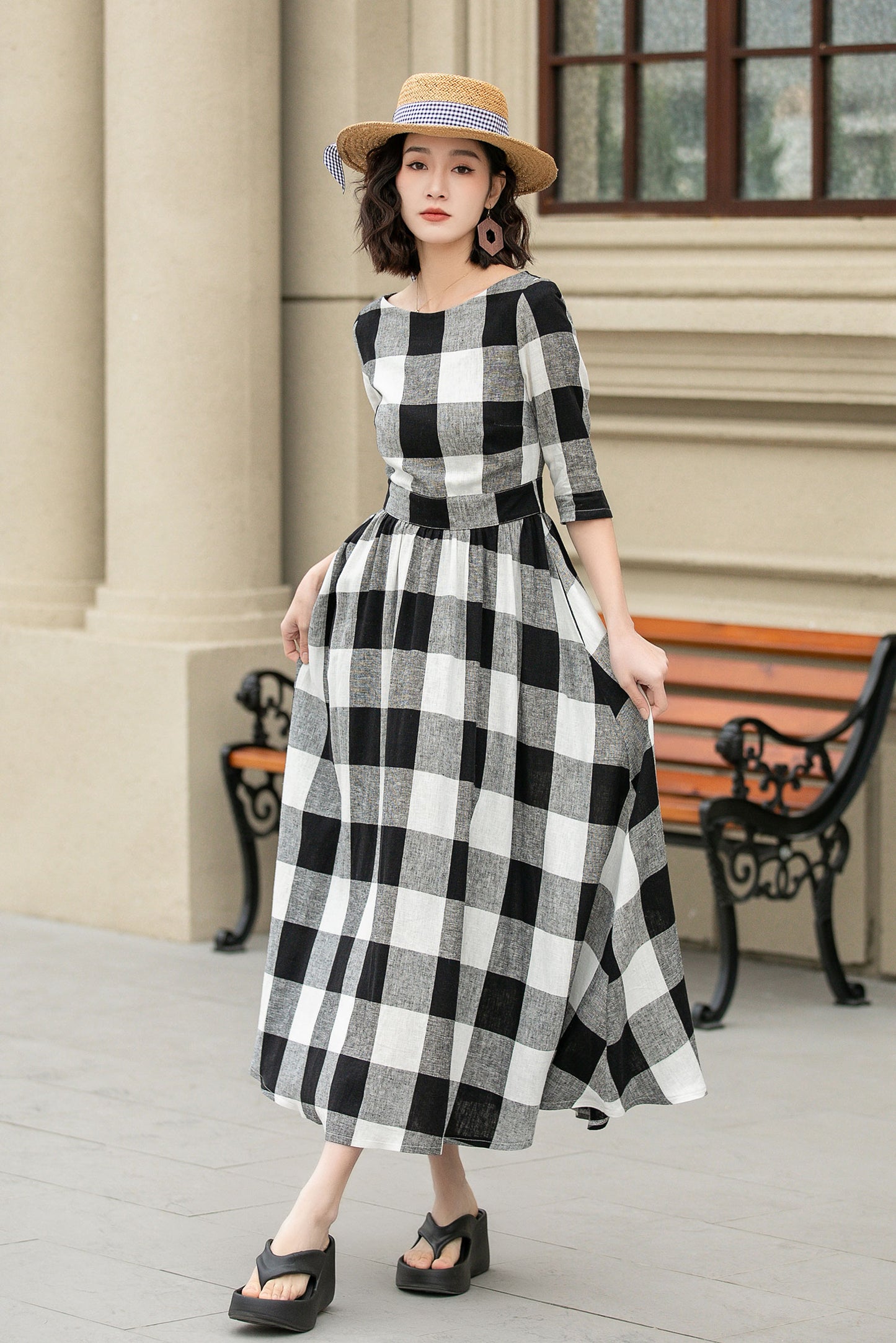 Half sleeves plaid spring summer linen dress 4953