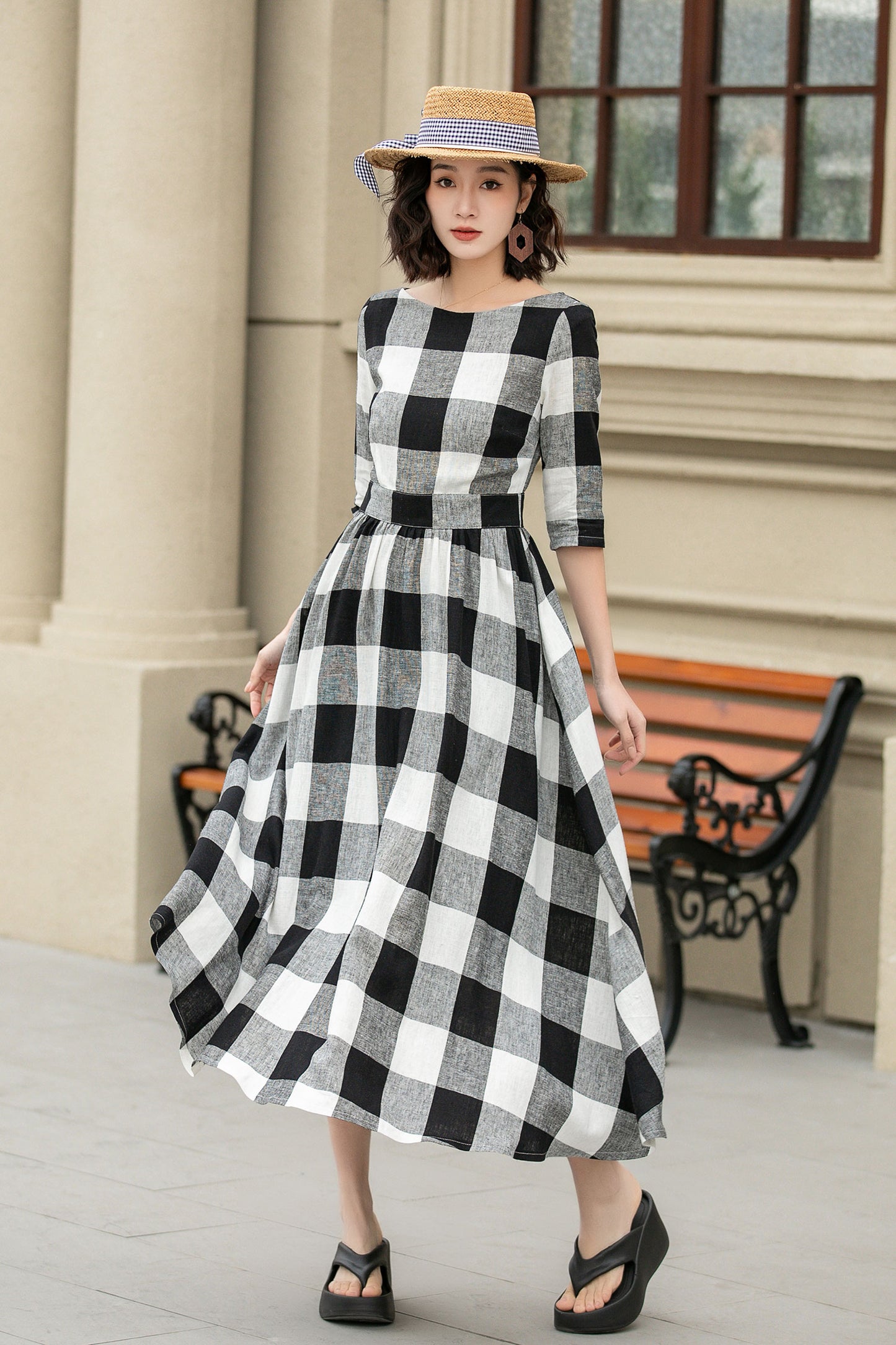 Half sleeves plaid spring summer linen dress 4953