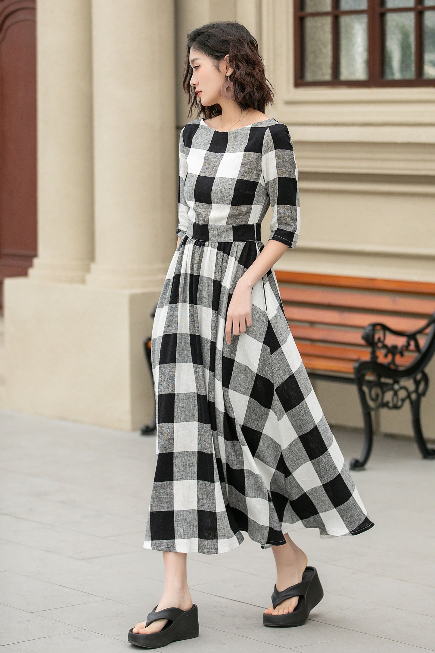 Half sleeves plaid spring summer linen dress 4953