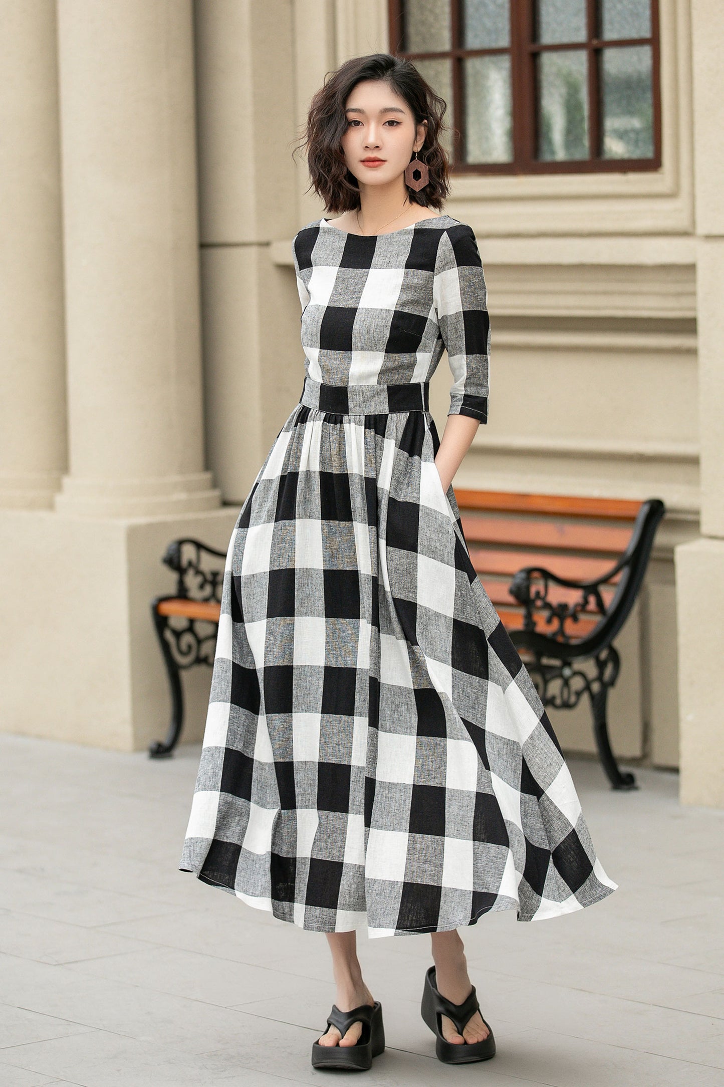 Half sleeves plaid spring summer linen dress 4953