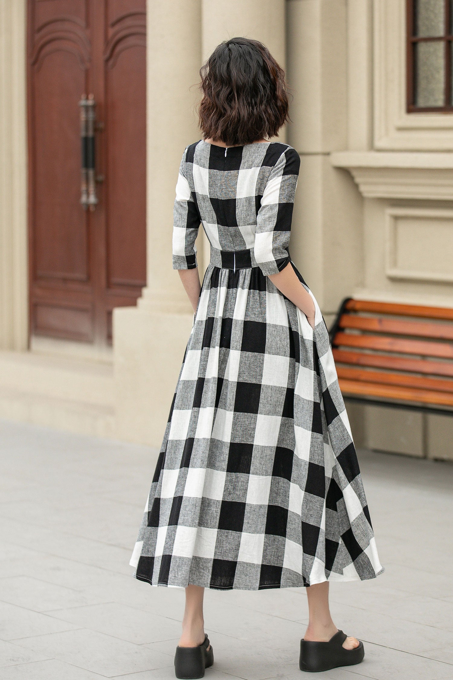 Half sleeves plaid spring summer linen dress 4953 - plaid / XS Half sleeves plaid spring summer linen dress 4953 - plaid / XS