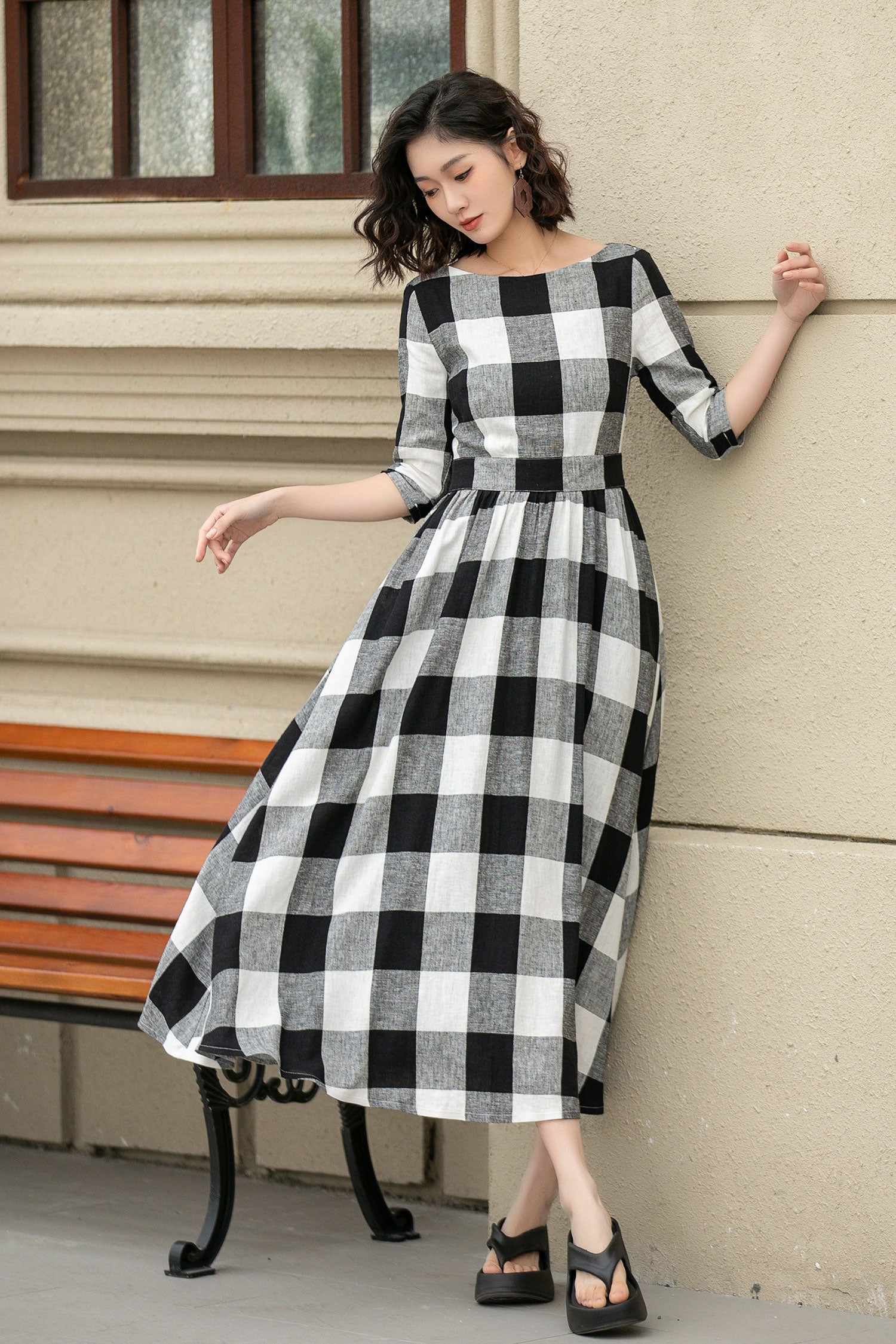 Black & White Plaid Linen Midi Dress - Fit and Flare, Boat Neck 4953