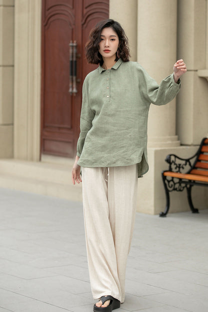 Long sleeves spring linen shirt blouse 4954