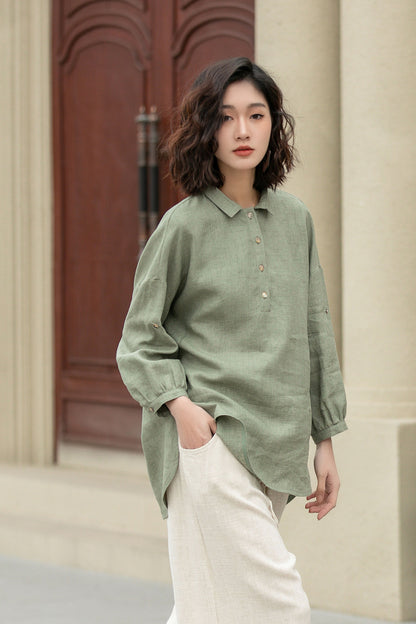 Long sleeves spring linen shirt blouse 4954