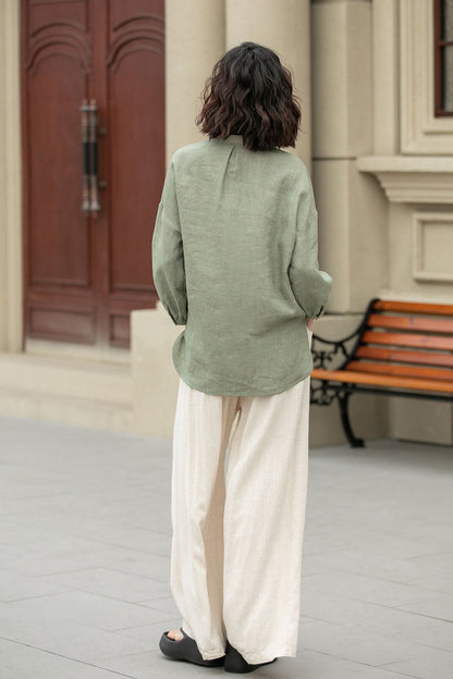 Long sleeves spring linen shirt blouse 4954