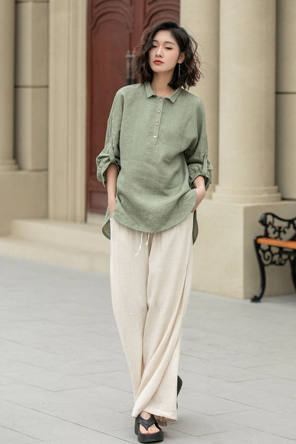 Long sleeves spring linen shirt blouse 4954