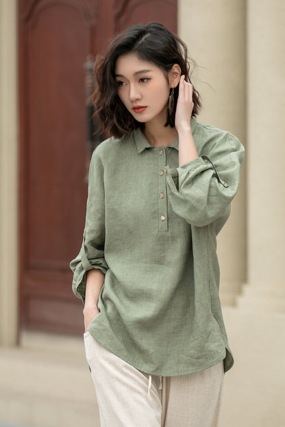 Long sleeves spring linen shirt blouse 4954