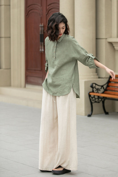 Long sleeves spring linen shirt blouse 4954