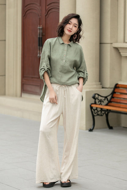 Long sleeves spring linen shirt blouse 4954