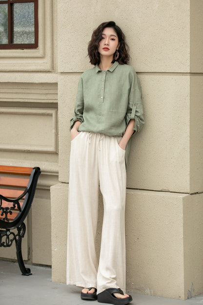 Long sleeves spring linen shirt blouse 4954