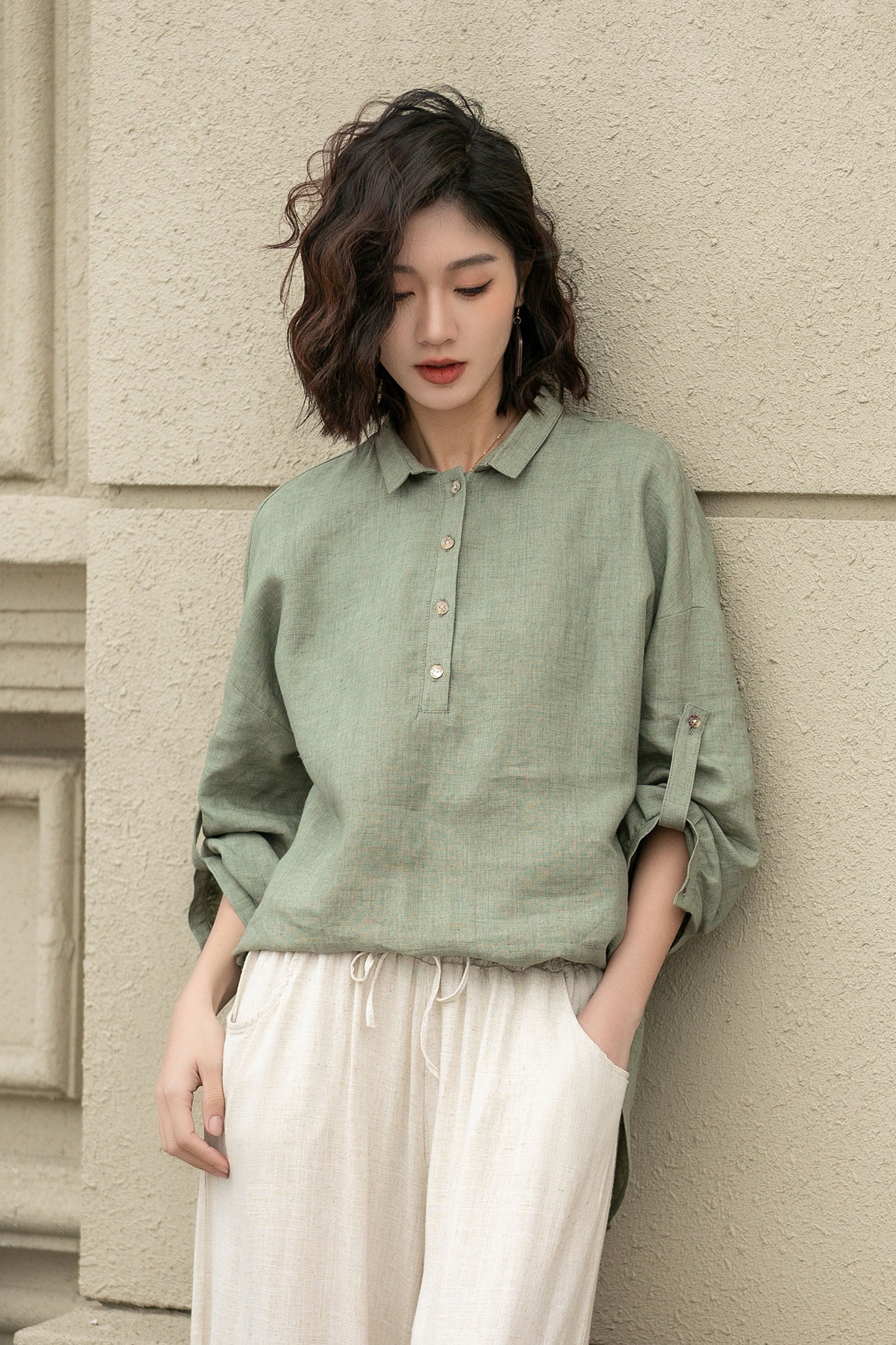 Long sleeves spring linen shirt blouse 4954