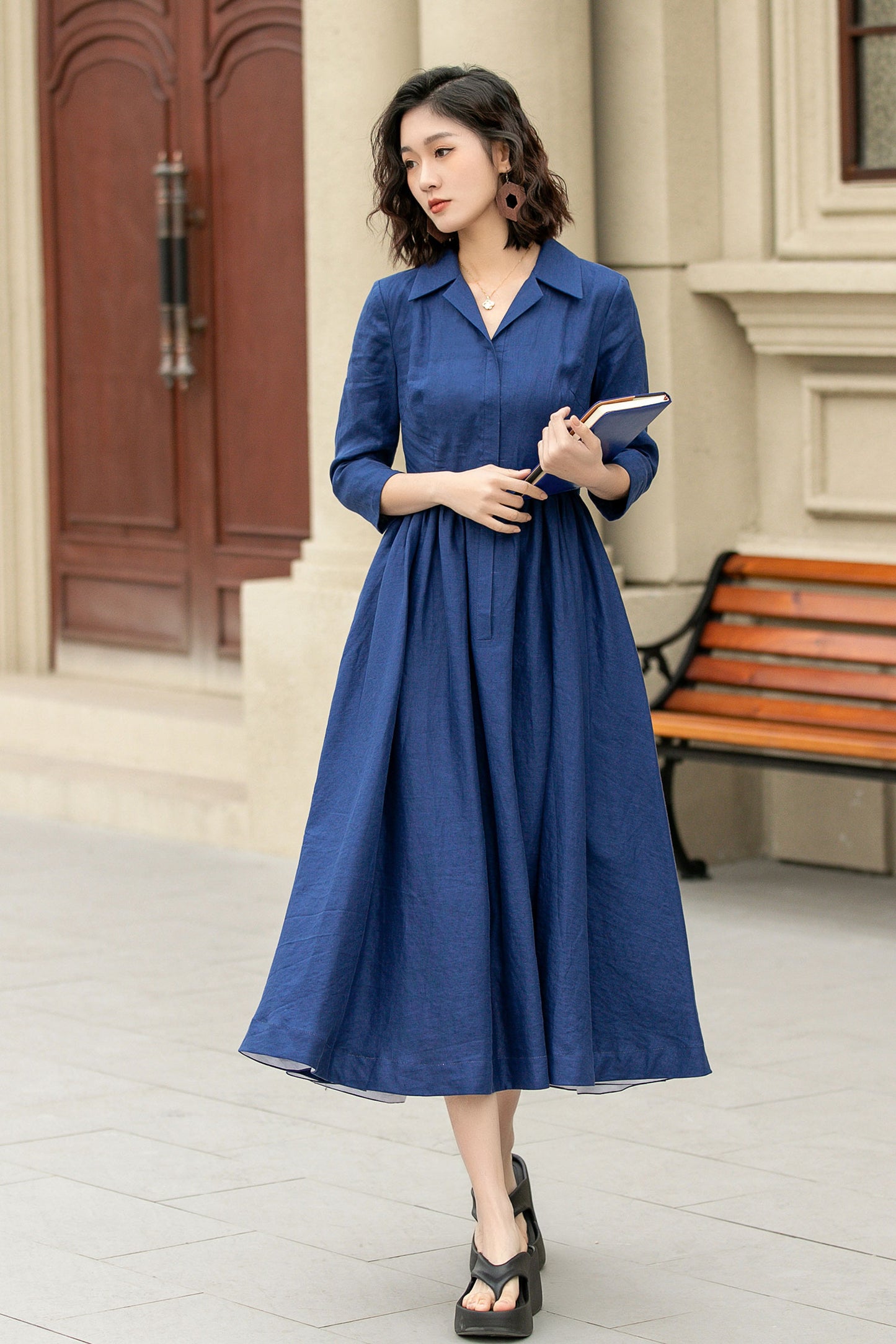 blue midi linen shirt dress women 4955