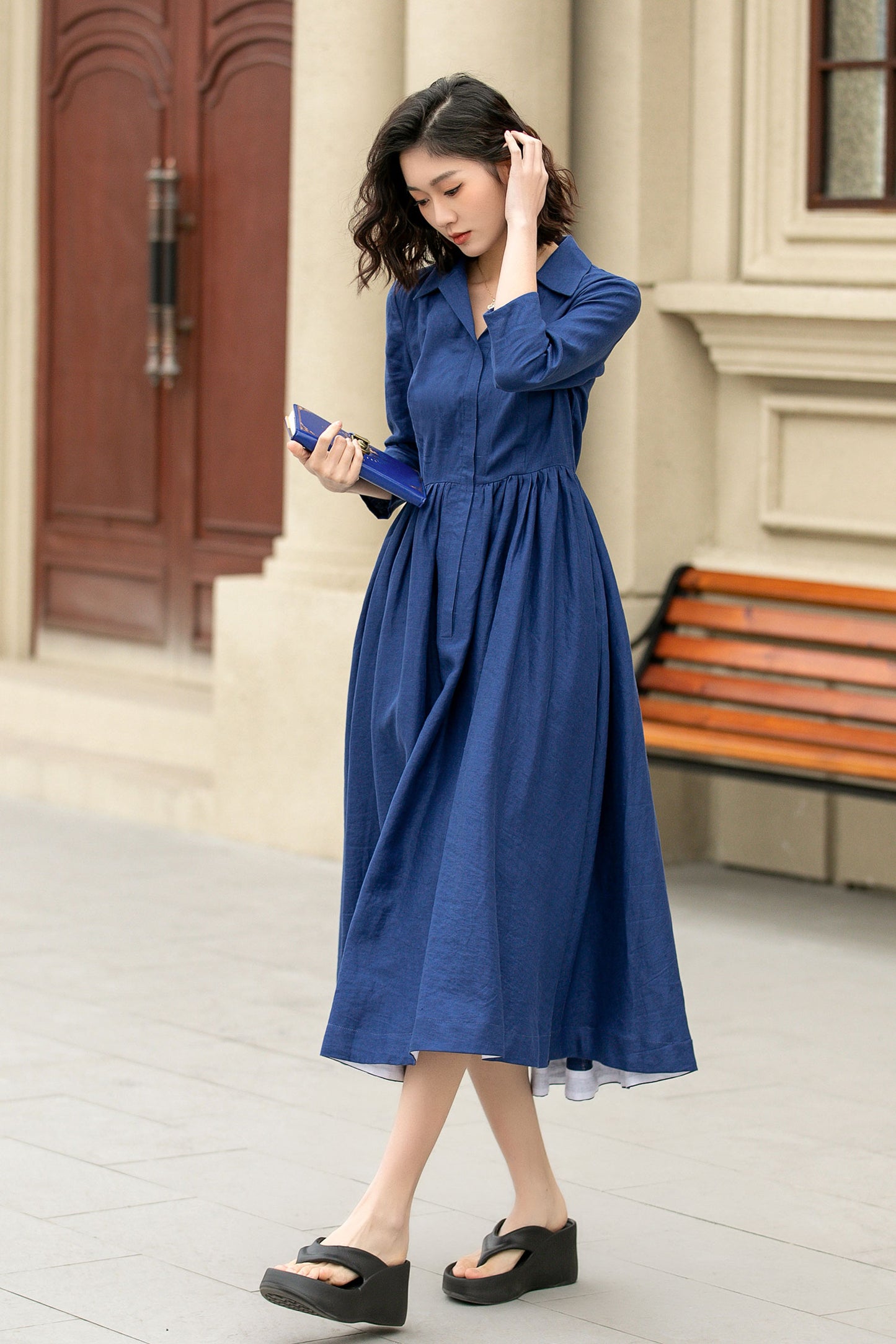 blue midi linen shirt dress women 4955