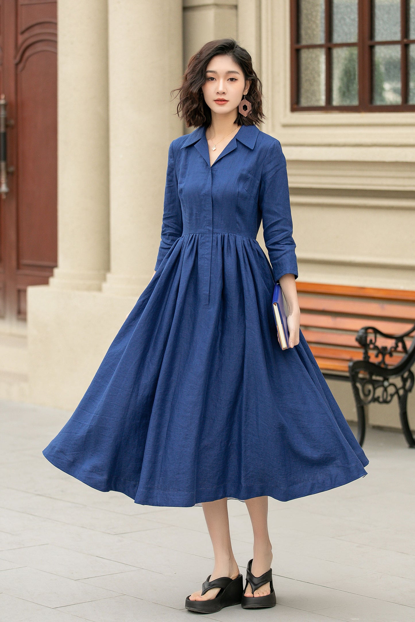 blue midi linen shirt dress women 4955