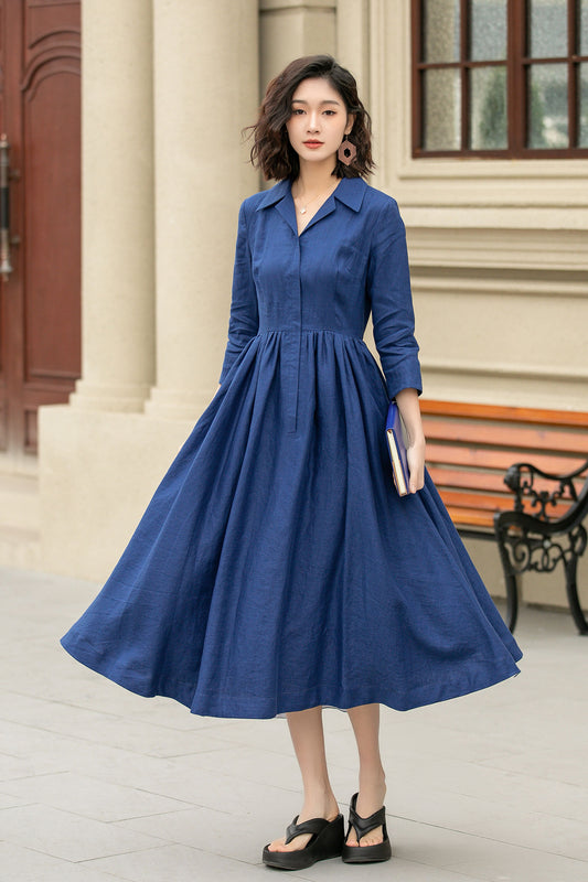 blue midi linen shirt dress women 4955