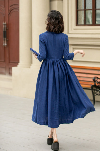 blue midi linen shirt dress women 4955