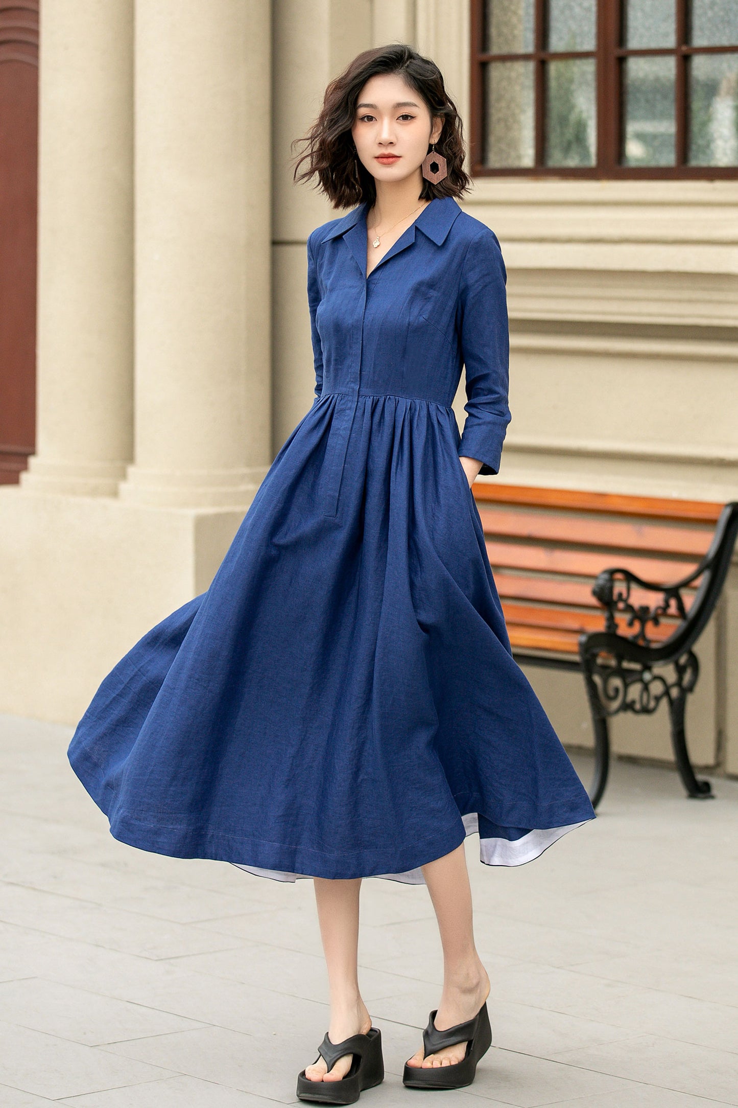 blue midi linen shirt dress women 4955