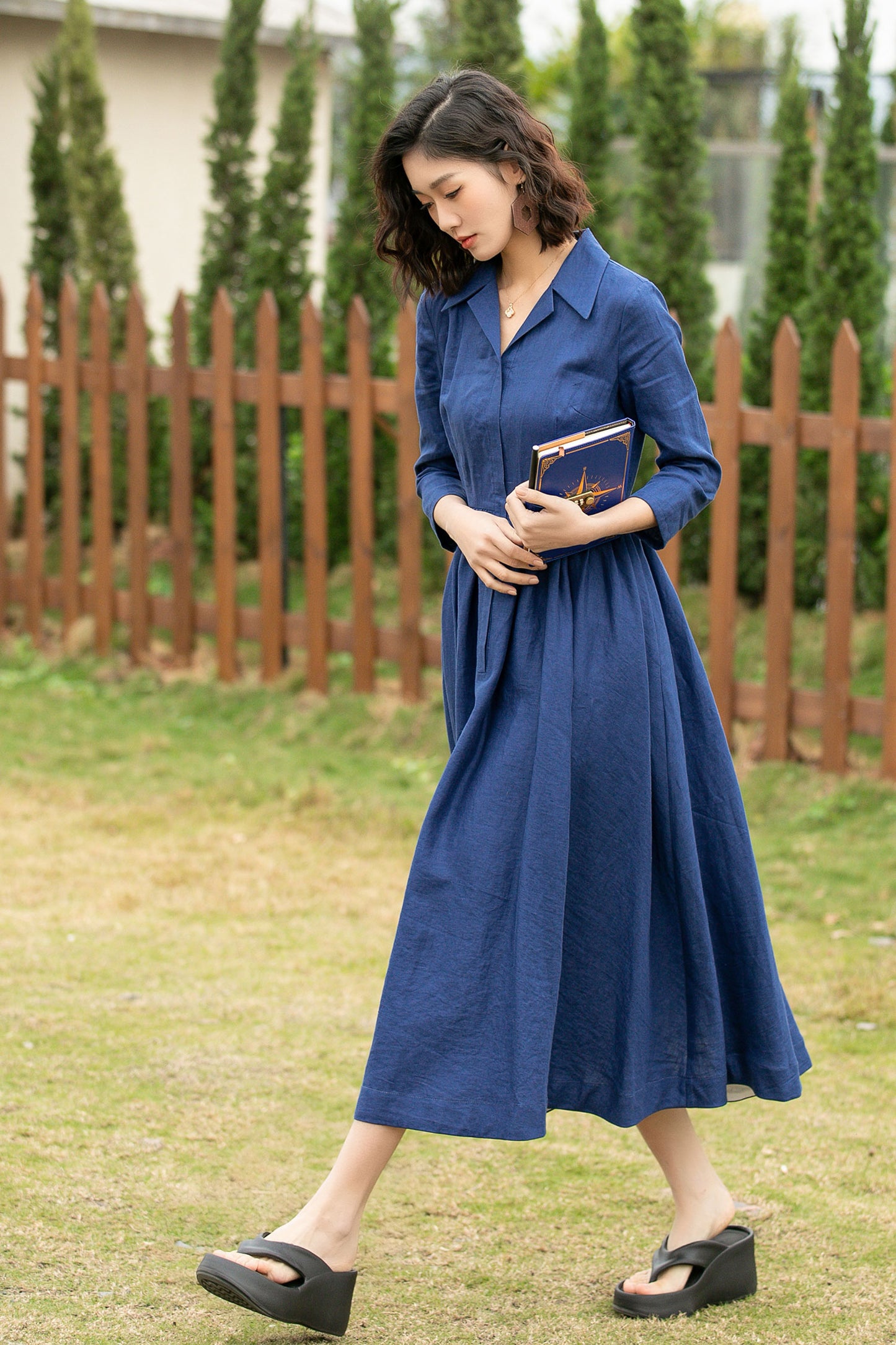 blue midi linen shirt dress women 4955