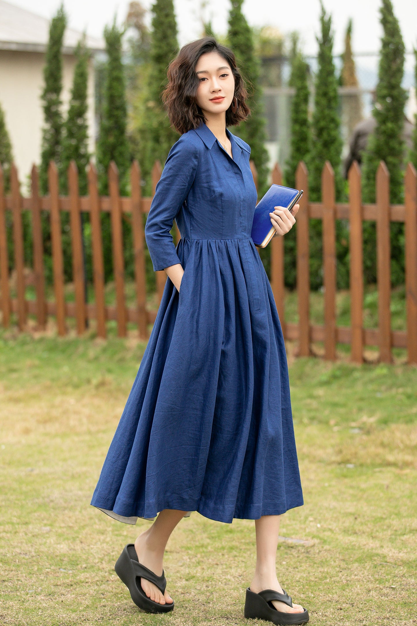 blue midi linen shirt dress women 4955