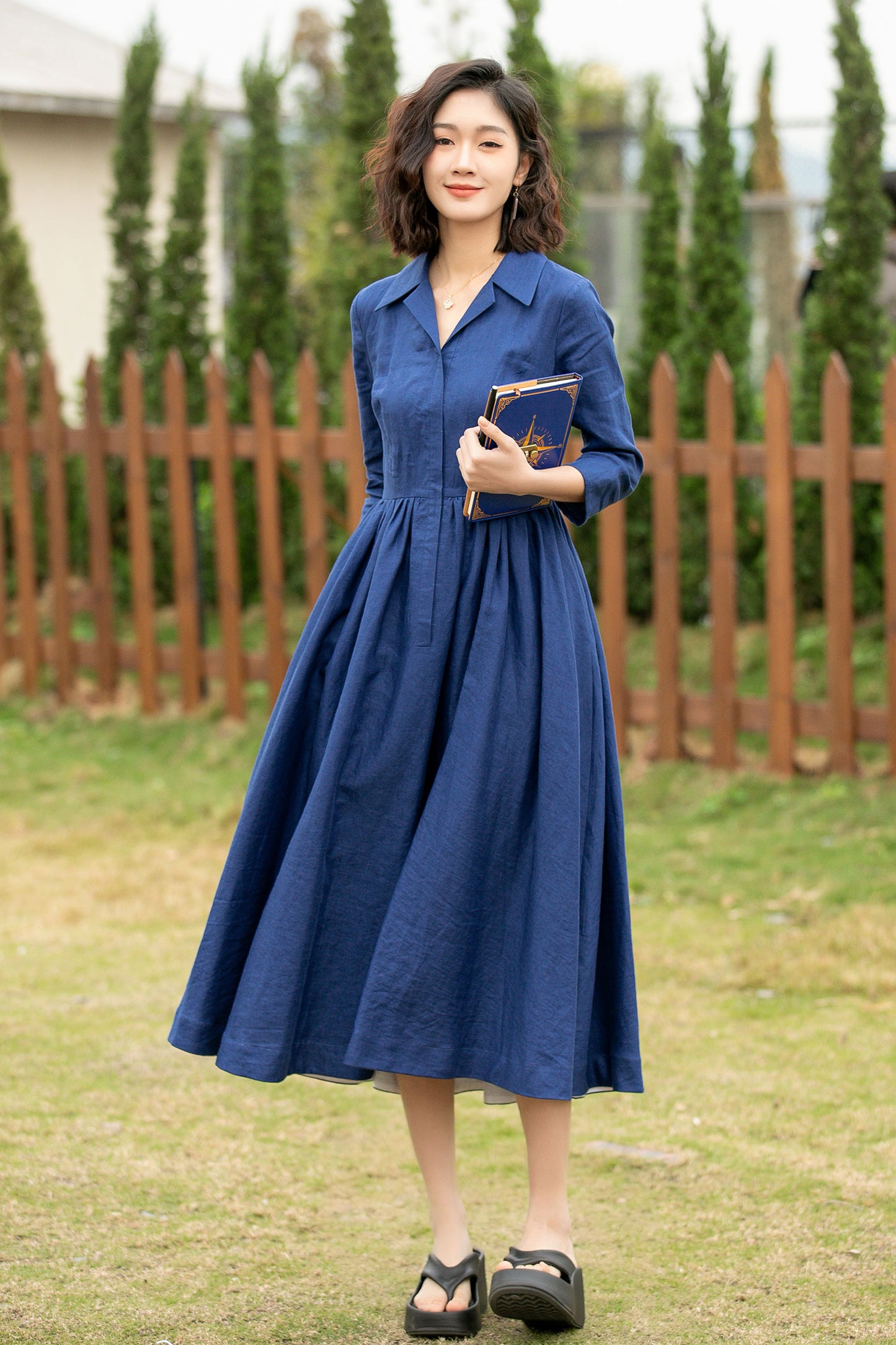 blue midi linen shirt dress women 4955