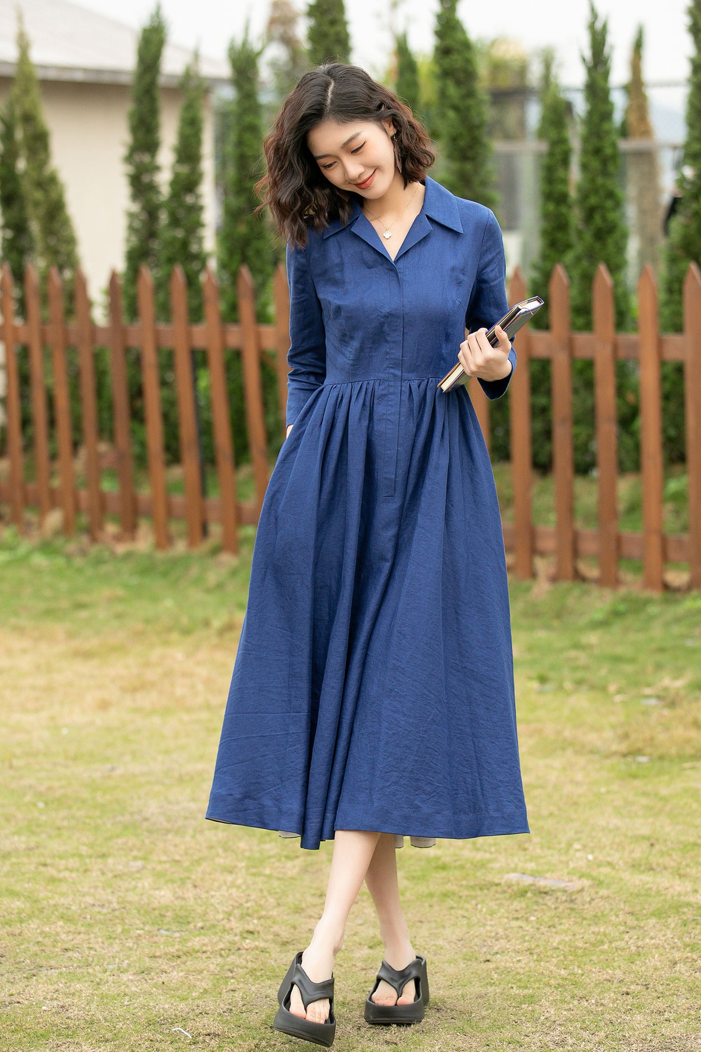 blue midi linen shirt dress women 4955